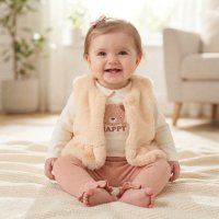 J15546NB: Baby Girls Faux Fur Gilet, Top & Legging Outfit (0-9 Months)
